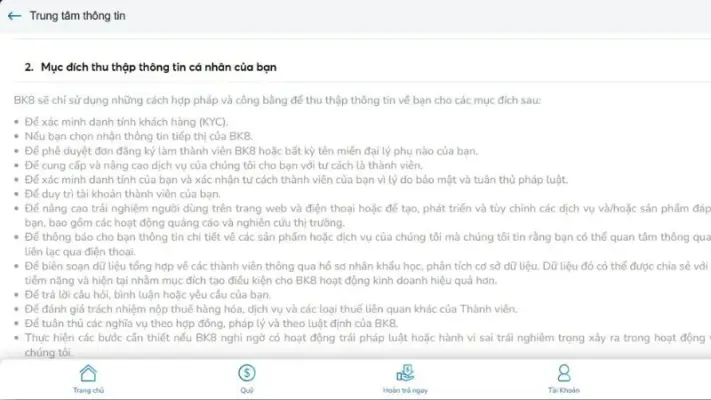 Chính sách bảo mật BK8 về việc thu thập thông tin