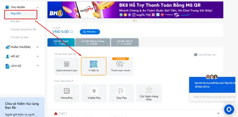 Nạp tiền vào BK8 bằng ví điện tử